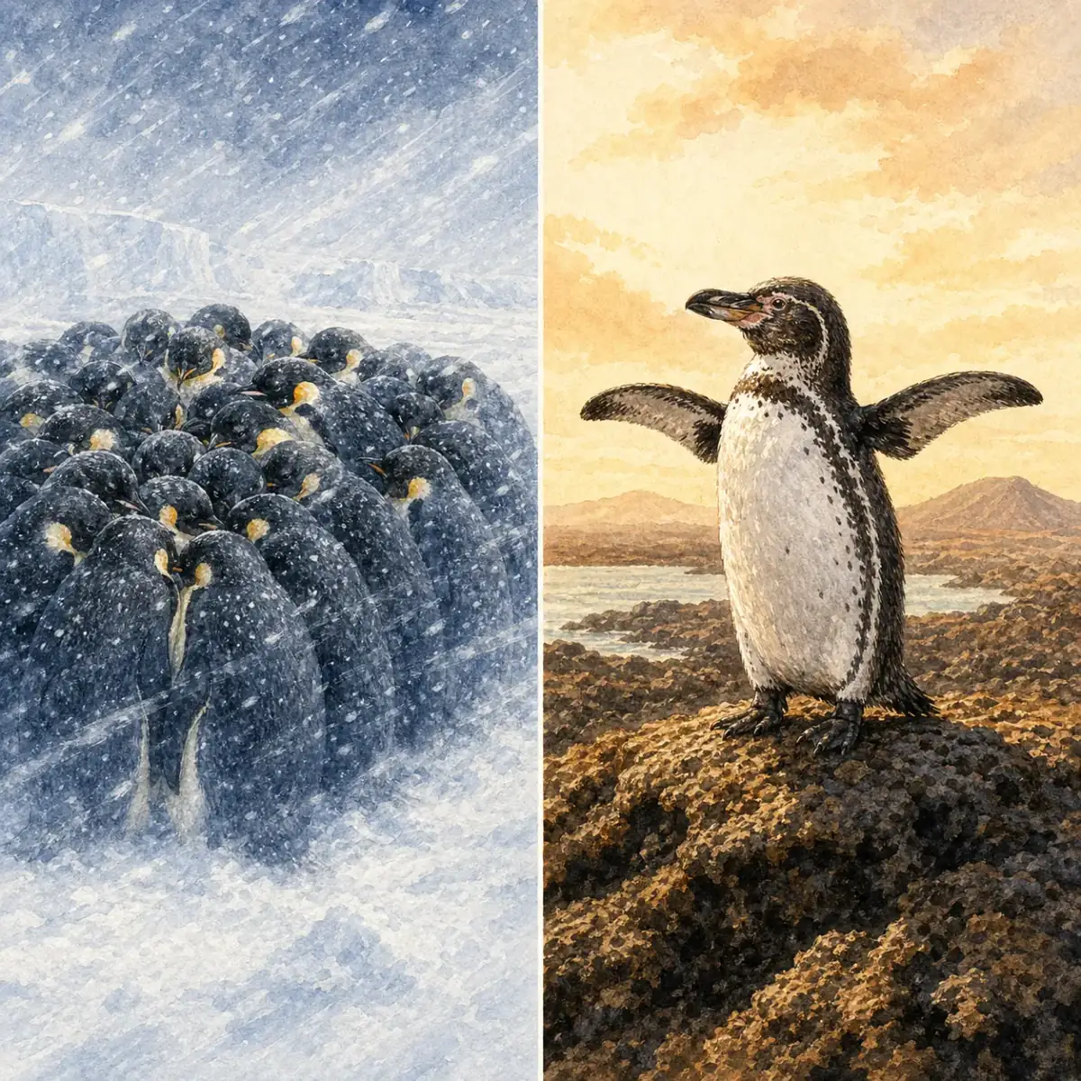 企鵝體溫調節：一張對比示意圖：左側帝企鵝（Aptenodytes forsteri）在暴風雪中緊密聚攏成 huddle 群，右側加拉巴哥企鵝（Spheniscus mendiculus）在岩岸張翼散熱，同框展示同一演化譜系的兩端適應