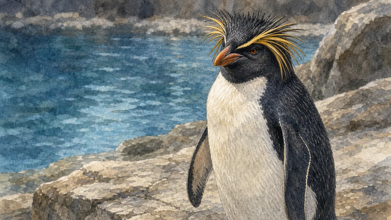 馬可羅尼企鵝（Eudyptes chrysolophus）站在 Detroit Zoo 近冰點展區，背後有冷色照明與仿冰岩面