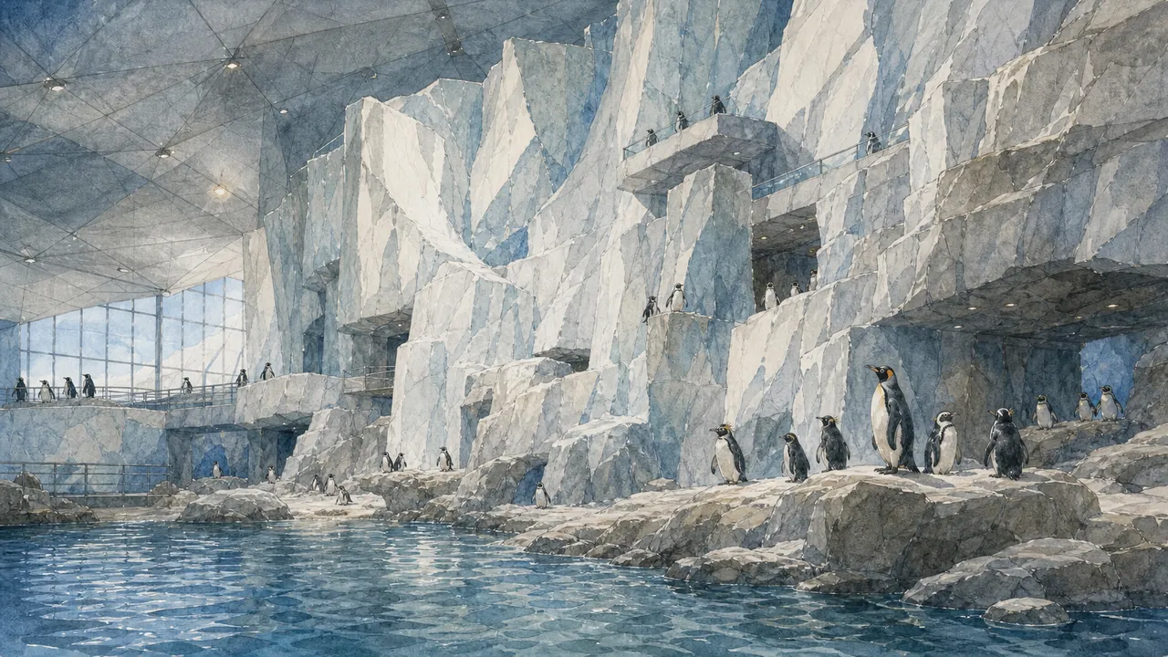 Detroit Zoo Polk Penguin Conservation Center 外觀像白色冰山，入口廣場與低矮植栽前方保留安靜動線