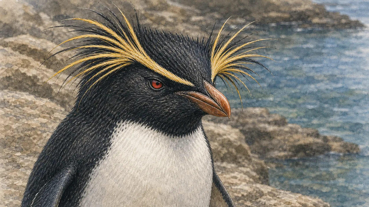 北方跳岩企鵝(Eudyptes moseleyi)站在 Edinburgh Zoo 岩角,黃色羽冠被風吹開,旁邊有國王企鵝(Aptenodytes patagonicus)頸部