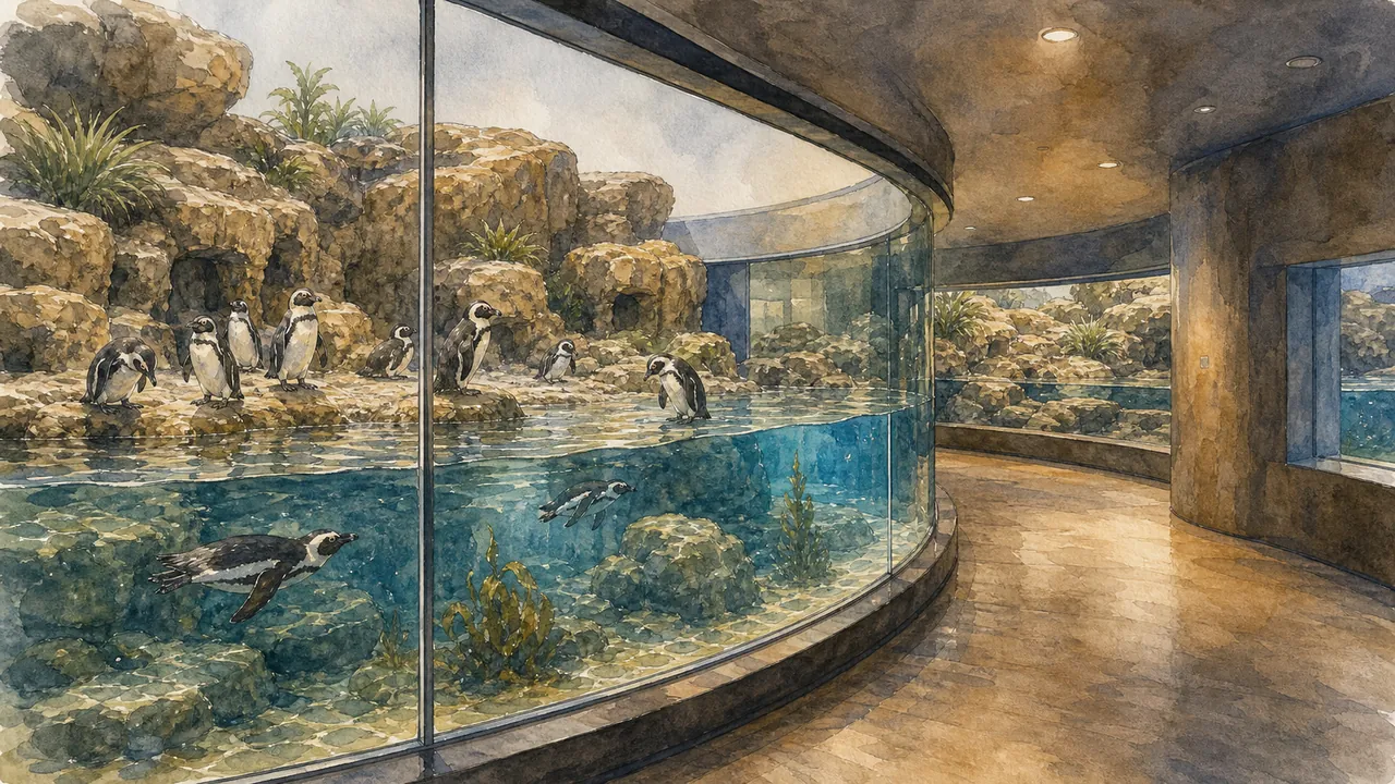 Georgia Aquarium Cold Water Quest 後場風格展區裡，非洲企鵝（Spheniscus demersus）站在低平台旁，旁邊有魚桶與清水