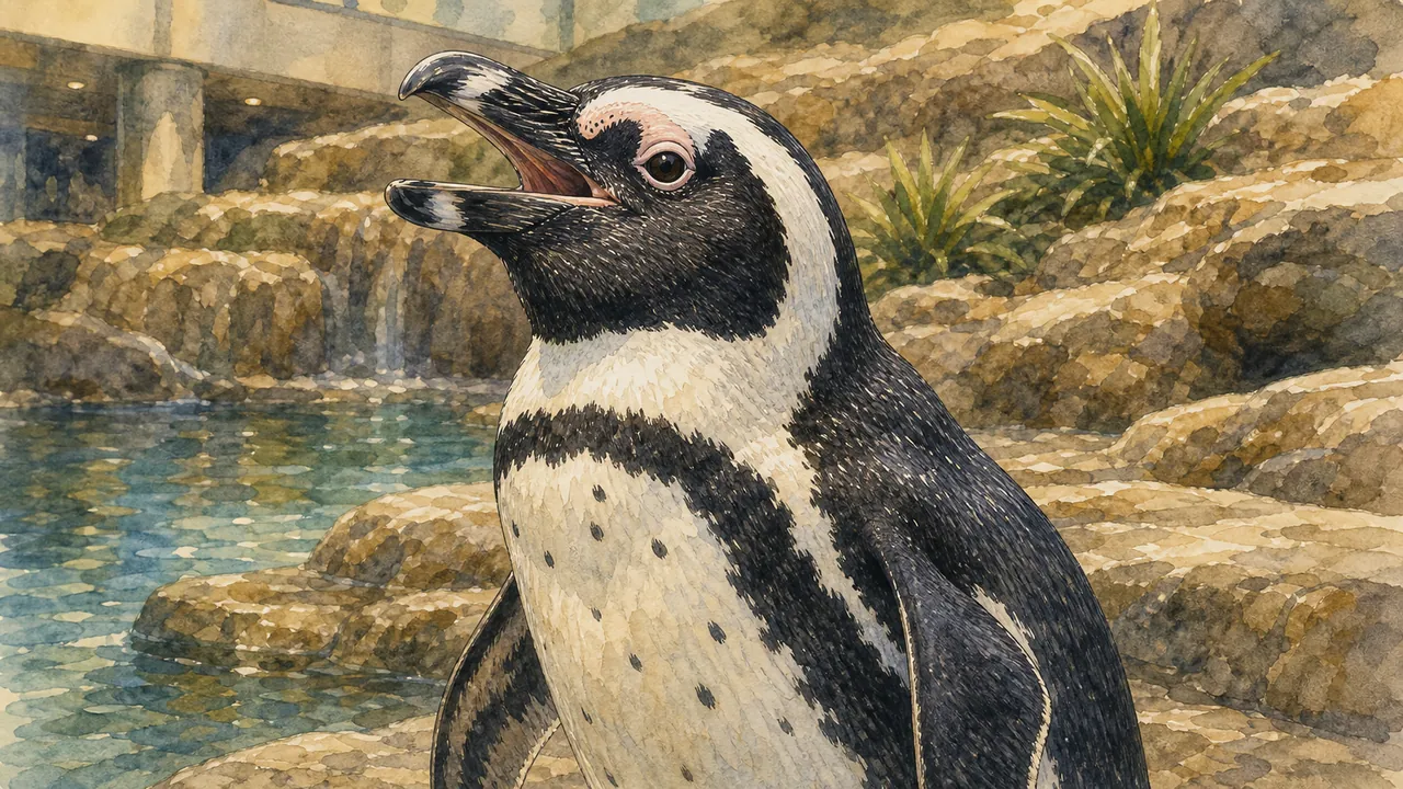非洲企鵝（Spheniscus demersus）在淺水邊抬頭，照養員以餵食夾保持不觸碰的近距離照養
