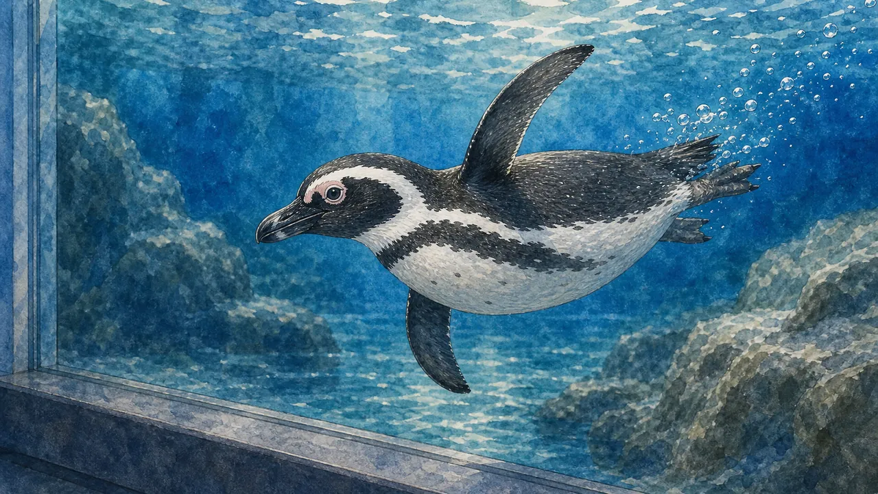 一隻麥哲倫企鵝 Spheniscus magellanicus 在水下展窗前快速轉彎，黑白胸帶在藍水中很明顯