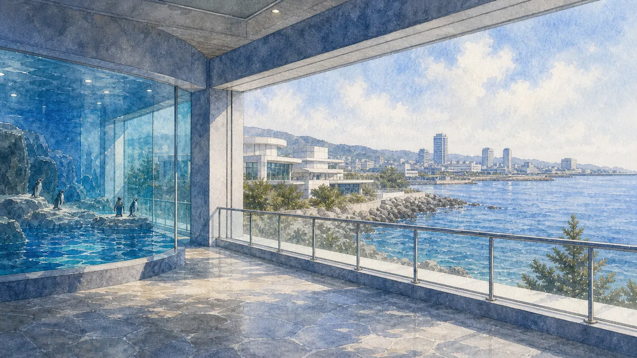 神戶海邊的新水族館外，低矮建築與海風中帶有麥哲倫企鵝展區的藍色光影