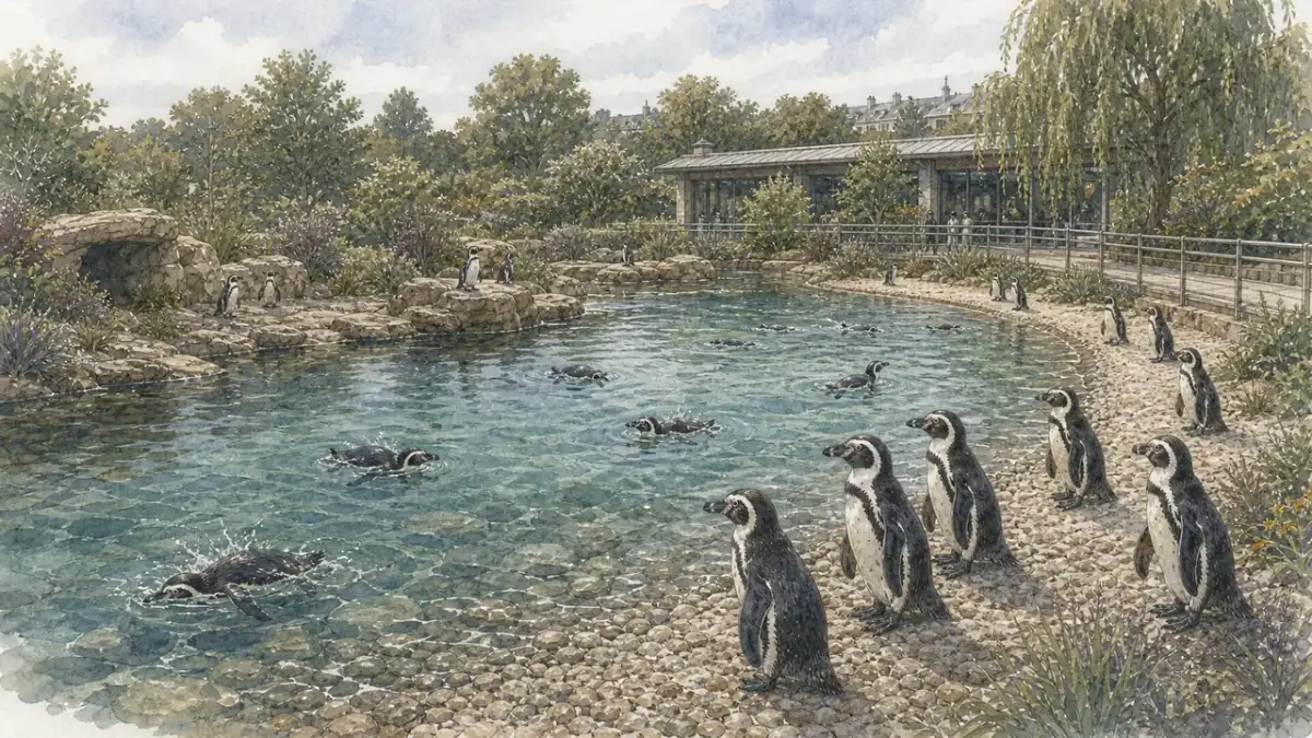 London Zoo Penguin Beach 的漢波德企鵝（Spheniscus humboldti）在淺藍水池旁游動，背景有低矮園區圍欄