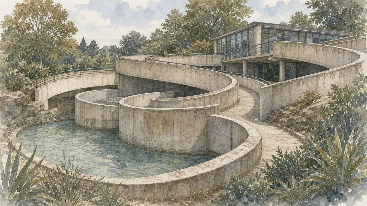 London Zoo 1934 年 Lubetkin Penguin Pool 白色螺旋坡道空置在樹影下，呈現企鵝池建築史