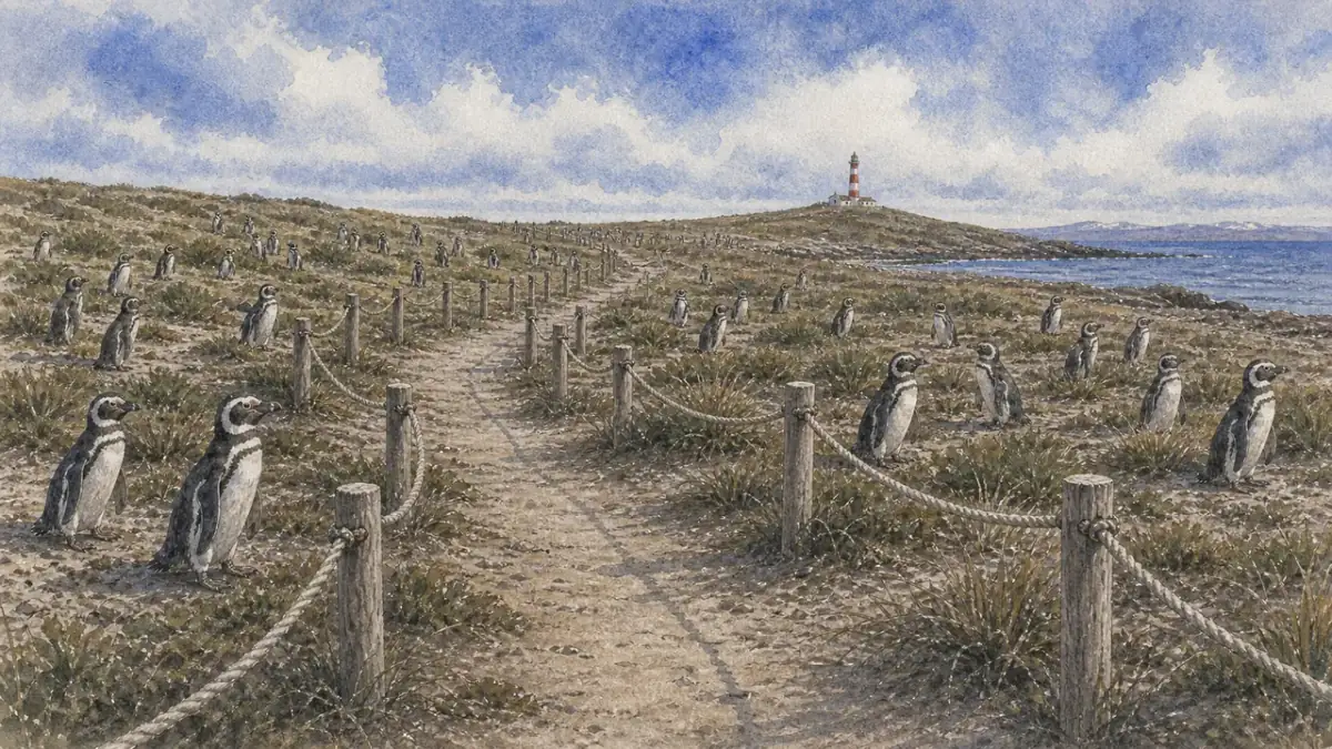 Magdalena Island 麥哲倫企鵝 Spheniscus magellanicus 從洞穴旁抖掉沙土，背後有低草和風中的海鳥