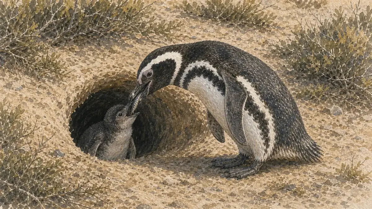 Punta Tombo 步道旁低矮繩線限制人流，麥哲倫企鵝 Spheniscus magellanicus 穿過遊客前方的指定路口