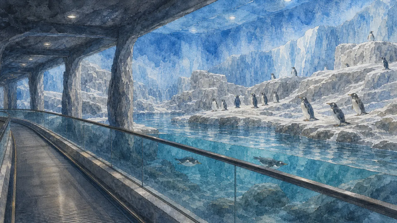 SeaWorld San Diego Penguin Encounter 低光展區內，國王企鵝（Aptenodytes patagonicus）等五種南極與亞南極企鵝站在冰雪場景