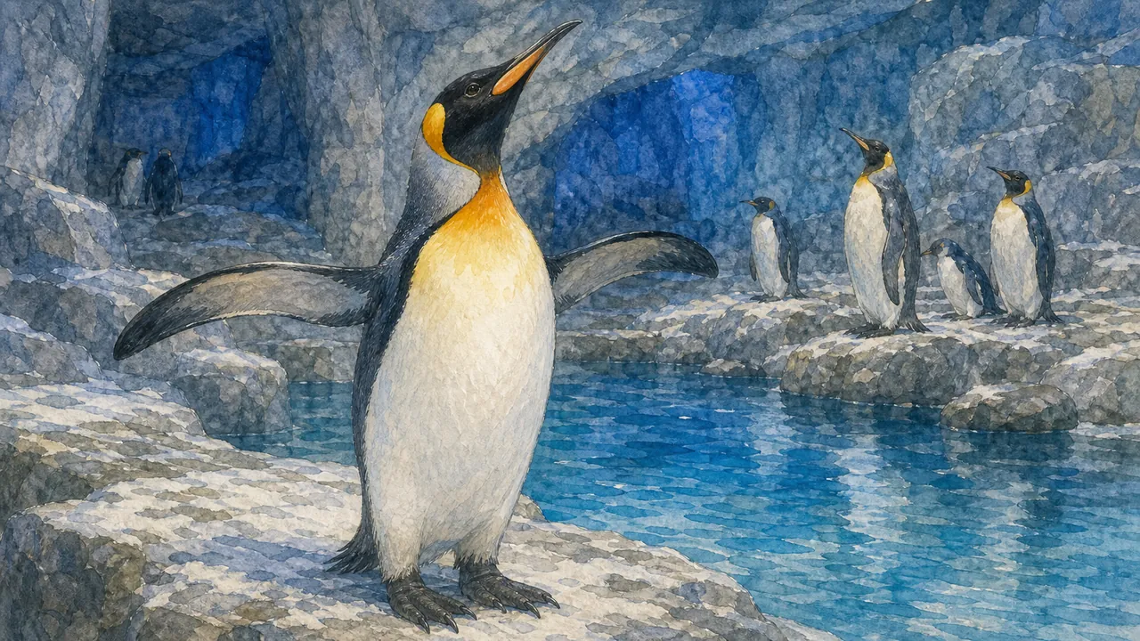馬可羅尼企鵝（Eudyptes chrysolophus）在岩面旁整理羽毛，旁邊有國王企鵝（Aptenodytes patagonicus）直立站著