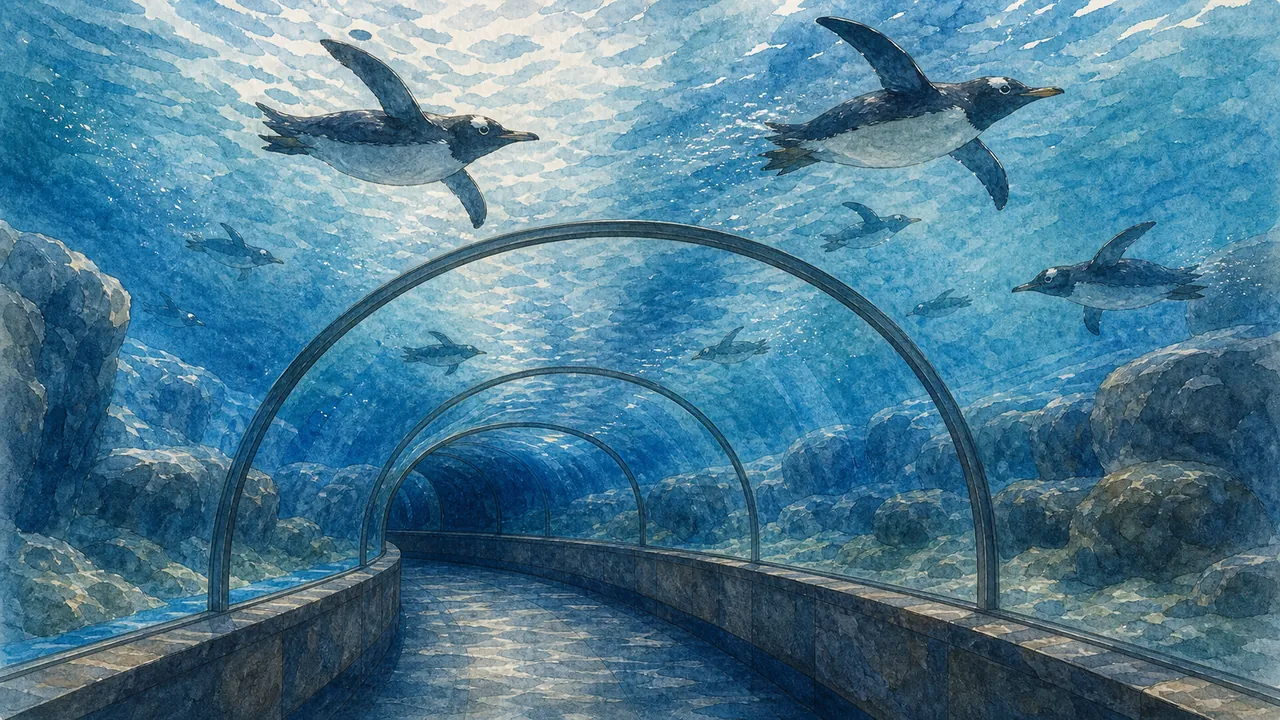 SeaWorld San Diego Penguin Encounter 的企鵝在壓克力玻璃後水下轉彎，低溫水面反射深藍色
