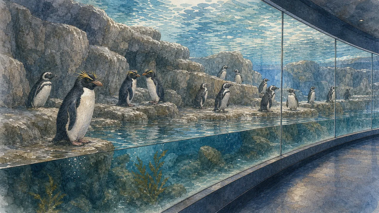 Shedd Aquarium Polar Play Zone 中，麥哲倫企鵝（Spheniscus magellanicus）在水下游過，南方跳岩企鵝（Eudyptes chrysocome）站在岩岸