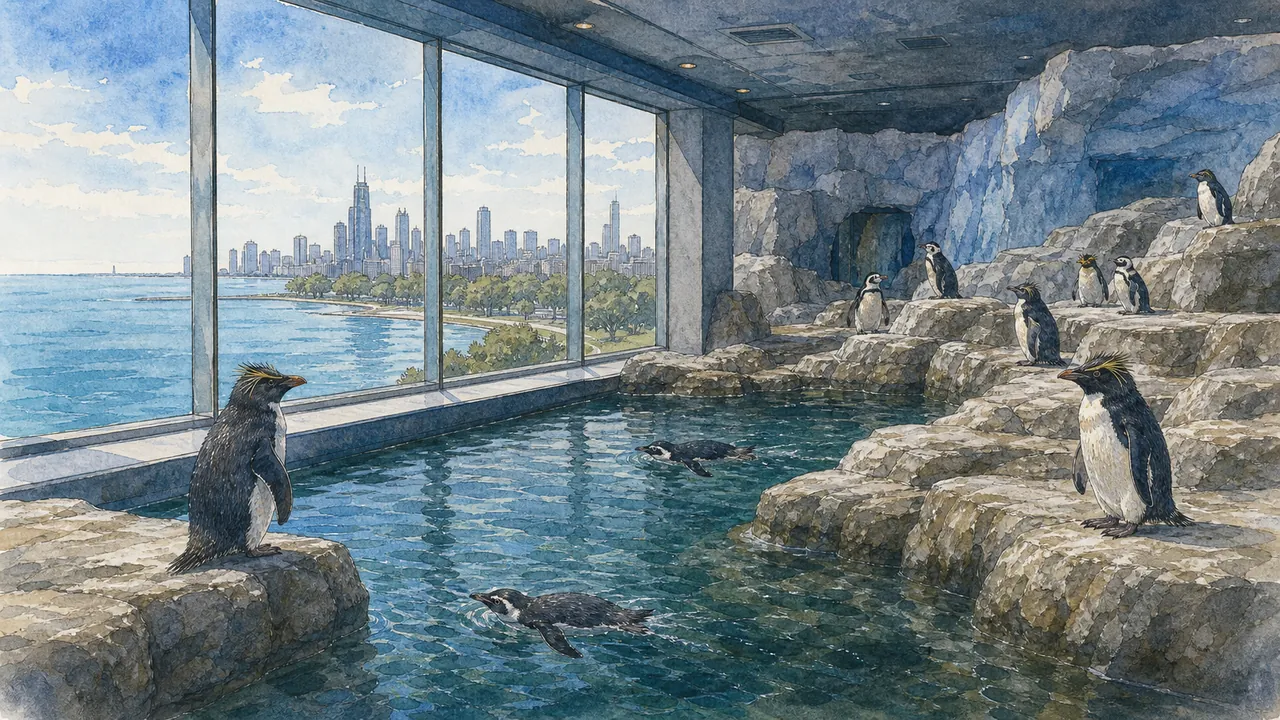芝加哥 Shedd Aquarium 藍色室內展窗前，麥哲倫企鵝與南方跳岩企鵝在水面和岩岸之間切換