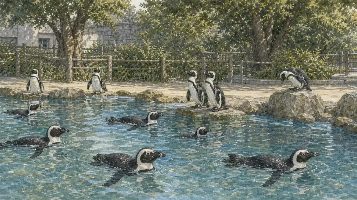 上野動物園西園的安靜展區裡，非洲企鵝 Spheniscus demersus 站在低矮岩面與淺水池旁