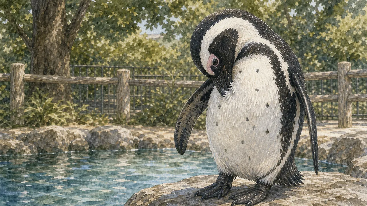 一隻非洲企鵝 Spheniscus demersus 低頭整理胸前羽毛，背景是上野動物園的樹影與木欄
