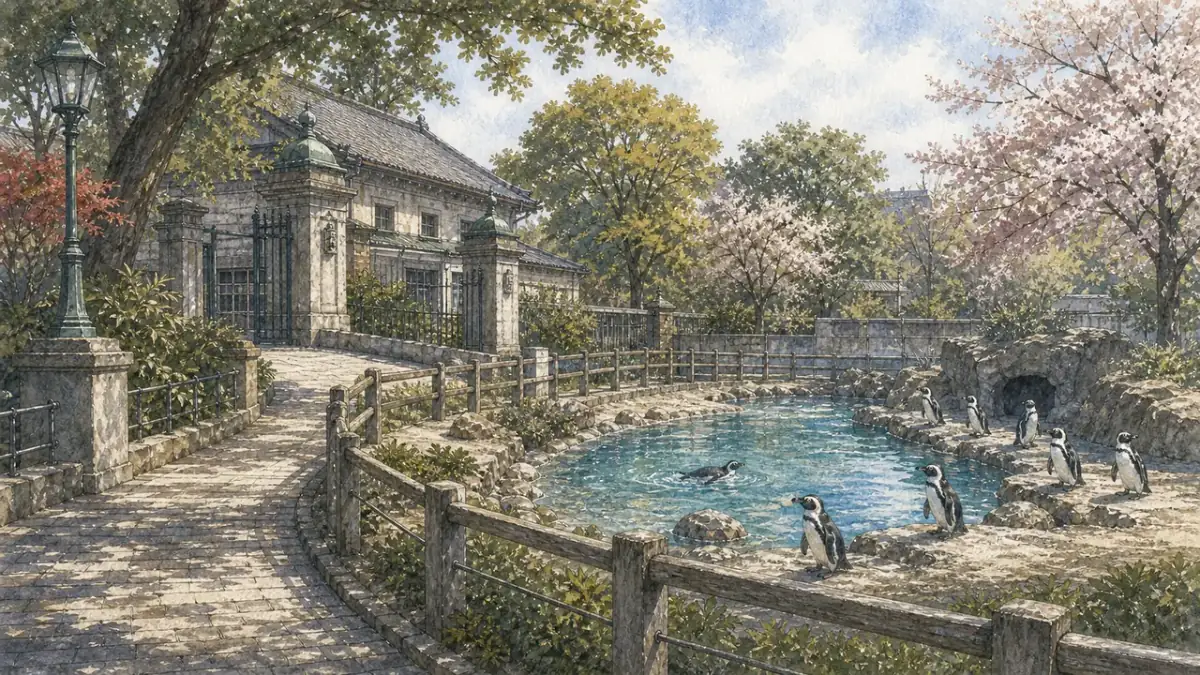 上野公園綠蔭旁的動物園步道，遠處低矮展區裡有非洲企鵝 Spheniscus demersus 靠近水面