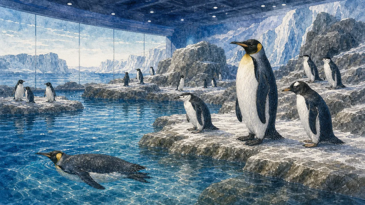 八景島 Aqua Museum 冰海區裡，國王企鵝 Aptenodytes patagonicus、巴布亞企鵝 Pygoscelis papua 和帽帶企鵝站在冷色展區