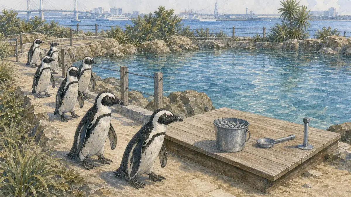 Fureai Lagoon 中，非洲企鵝 Spheniscus demersus 沿著低矮步道前進，旁邊有照養員保持距離