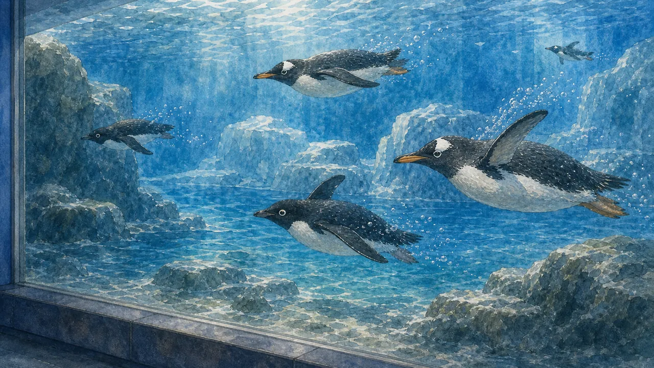 透明水下窗前，阿德利企鵝 Pygoscelis adeliae 和巴布亞企鵝 Pygoscelis papua 在冷藍色水域中交錯游過